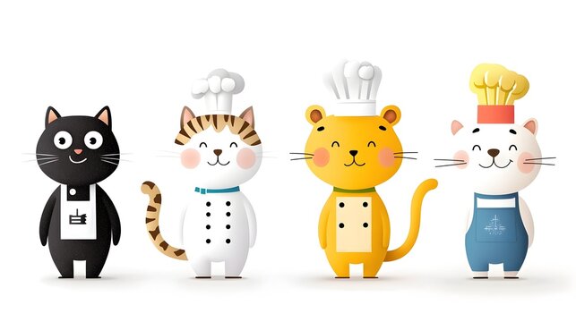 Whimsical featuring a group of animal characters including a cat pilot bear chef and giraffe teacher set against a simple white background