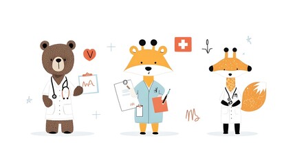 Naklejka premium Whimsical Showcasing a Collection of Animal Characters in Professional Roles Including a Bear Doctor Giraffe Fox Nurse Set Against a White Background