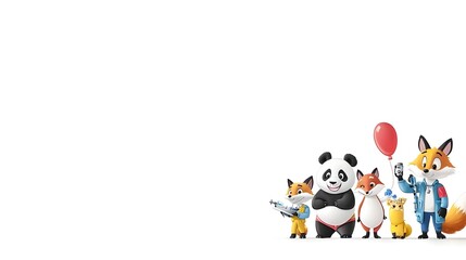 Fototapeta premium Adorable group of animal characters including a panda teacher fox pilot and bear scientist in a on a white background The depicts a learning adventure and academic setting with a focus on education