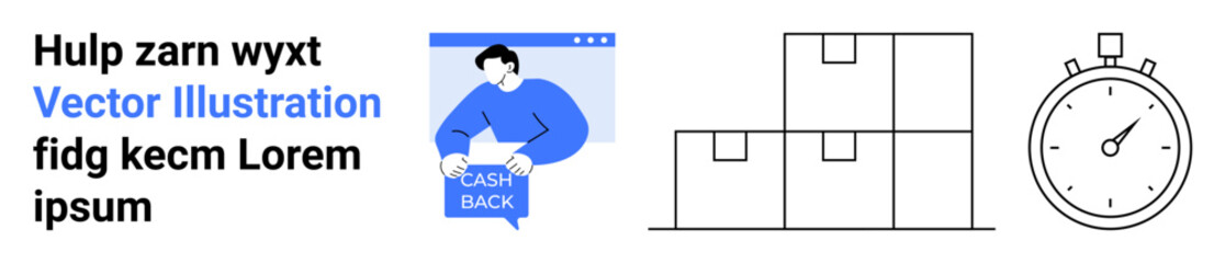 Person holding a cashback sign on a screen, stacked delivery boxes, and a stopwatch. Ideal for e-commerce, online shopping, logistics, delivery services, promotional offers, time management, retail