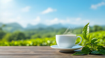 Cup of hot tea and tea leaf on the wooden table and the tea plantations background 