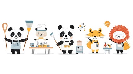 Whimsical depicting a panda lion firefighter and a fox chef   animal characters in unexpected yet creative professional roles against a clean white background