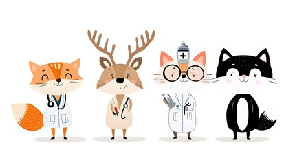 Whimsical depicting a diverse group of animal characters collaborating in various professional roles   a deer doctor a fox scientist and a cat pilot   showcasing teamwork creativity and inclusivity