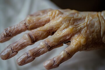 The prosthetic hand showcases detailed textures and colors, simulating human skin for a natural look and feel during use. Generative AI