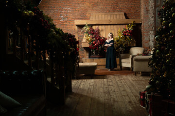 fireplace cozy tree girl new celebration home woman christmas young holiday year alone