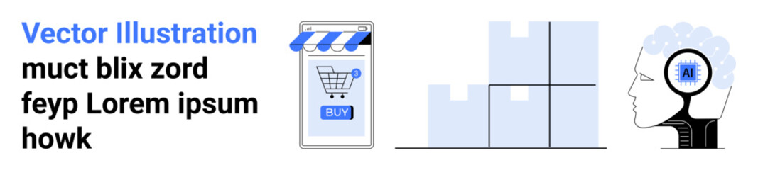Mobile phone with shopping cart, stacked inventory boxes, human brain with analysis icon Ideal for online shopping, inventory management, customer analytics, tech solutions, business planning