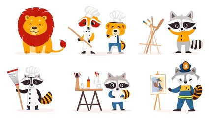 Whimsical Featuring Animals in Diverse Professions   A Lion Chef a Raccoon a Wolf Firefighter Depicted on a White Background