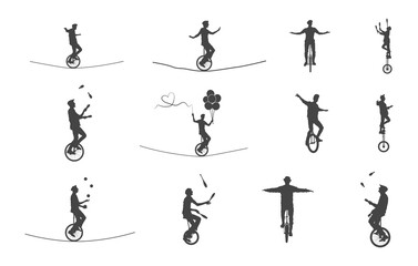 Person riding unicycle svg, People riding unicycle silhouette, Circus unicycle silhouette, Circus unicycle svg, Circus juggler artist silhouette.
