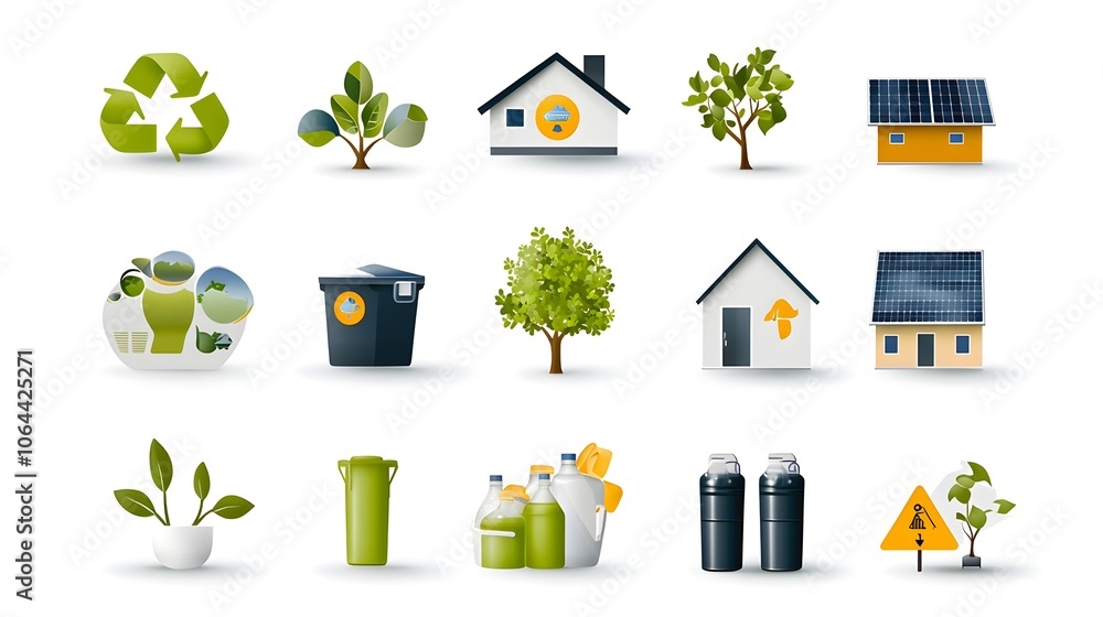 Poster comprehensive collection of various icons representing environmental sustainability concepts such as