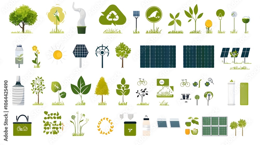 Poster comprehensive collection of green technology icons featuring renewable energy symbols such as solar 