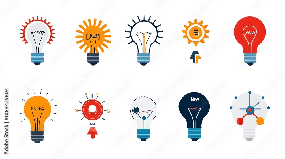 Poster Creative icon set depicting lightbulbs gears and solution pathways to represent new ideas innovation and problem solving processes