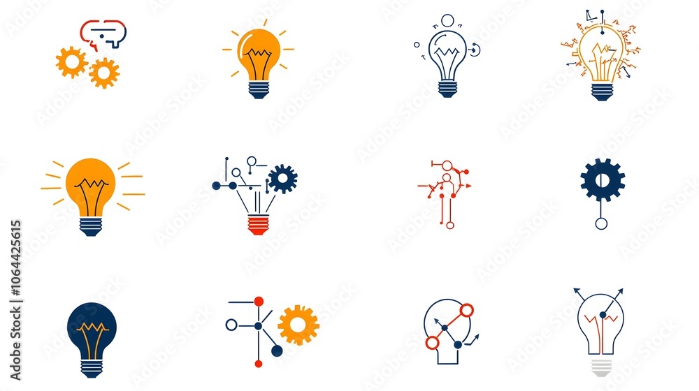 Poster innovative icon set featuring lightbulbs gears and pathways to represent new ideas creative solution
