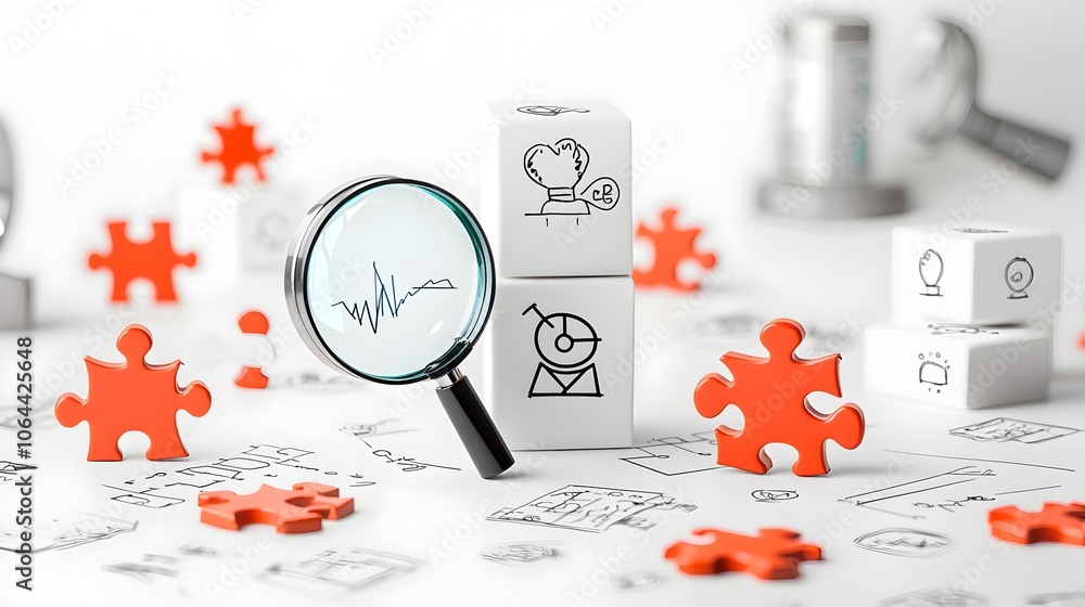 Leinwandbilder collection of problem solving symbols including magnifying glass puzzle pieces and breakthrough icon