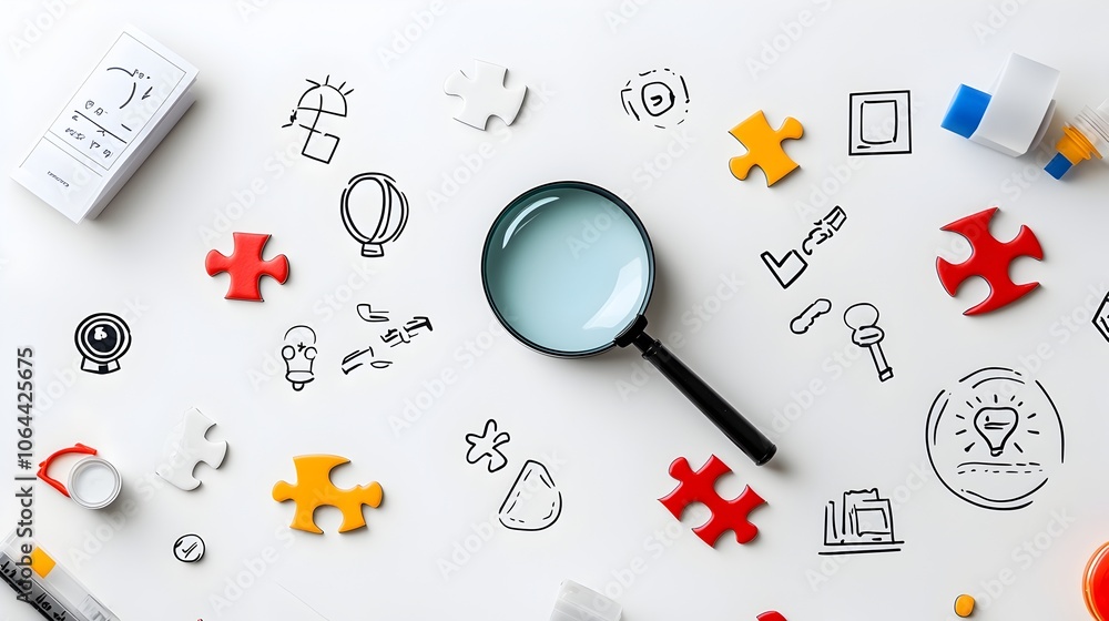 Fototapete Collection of problem solving symbols including magnifying glass puzzle pieces and breakthrough icons against a clean white background representing the process of strategic analysis