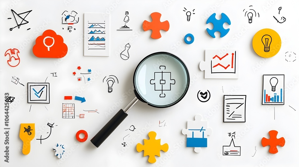 Poster A collection of problem solving symbols including a magnifying glass puzzle pieces and breakthrough icons on a white background representing the analytical process strategic thinking