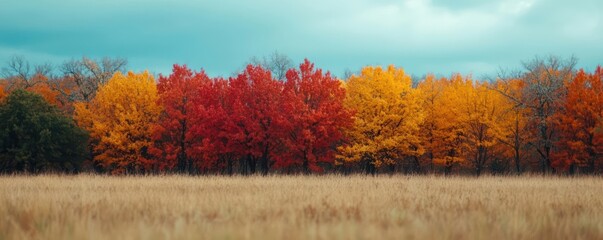 A calm forest scene with oak trees, their leaves turning red and gold in the fall, oak leaves, autumn tranquility