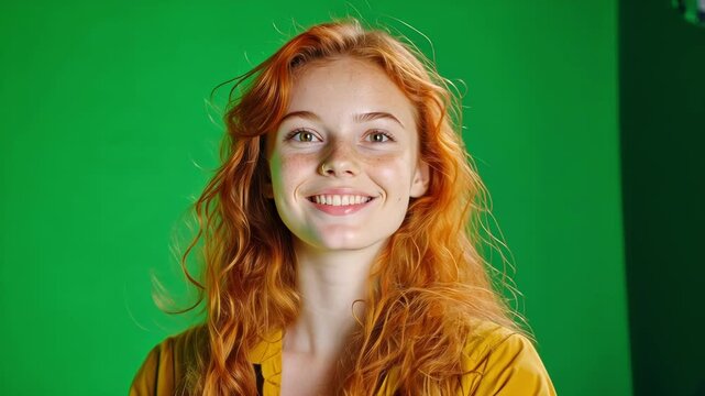 Young actress with long red hair and freckles poses while smiling against a green screen background, showcasing a cheerful and positive expression in a studio setting