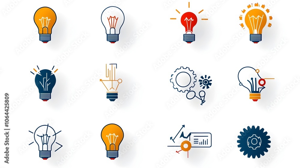Poster Comprehensive set featuring a collection of icons and symbols representing creative ideas problem solving strategies and innovative thinking  The design includes lightbulbs gears