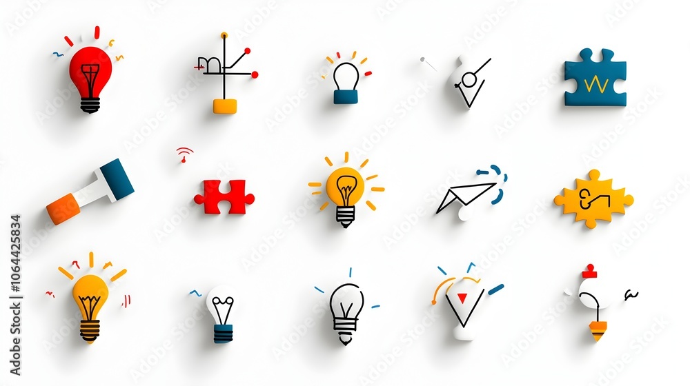 Poster Puzzle piece icons and symbols representing the concepts of innovation problem solving brainstorming and on a clean white background  The design showcases creative thinking teamwork strategy