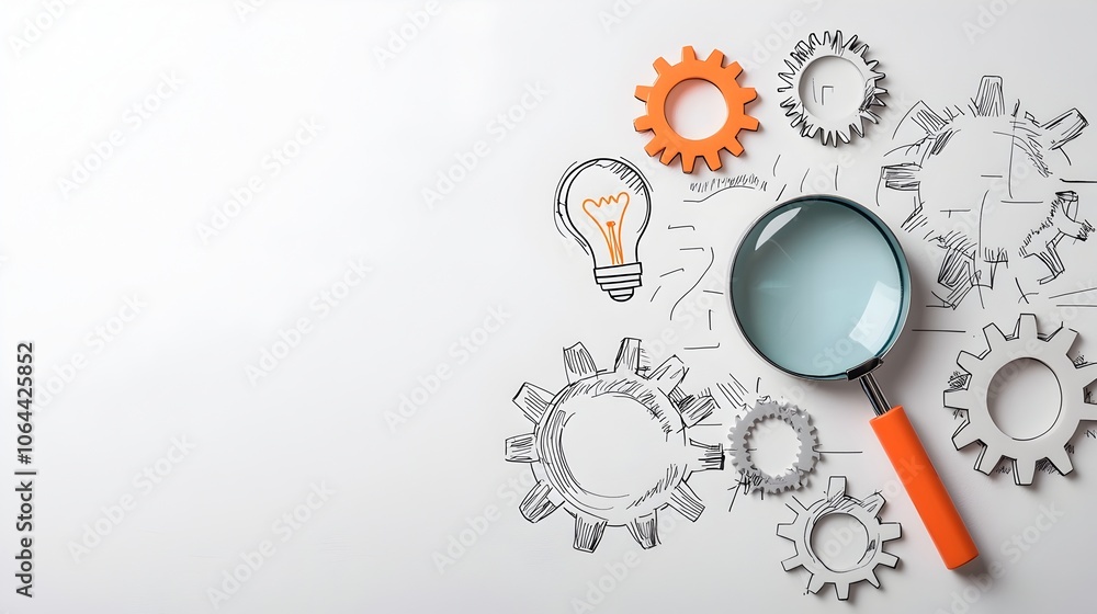 Poster Infographic symbols representing forward thinking solutions and innovative concepts featuring gears a magnifying glass and idea lightbulbs on a clean white background