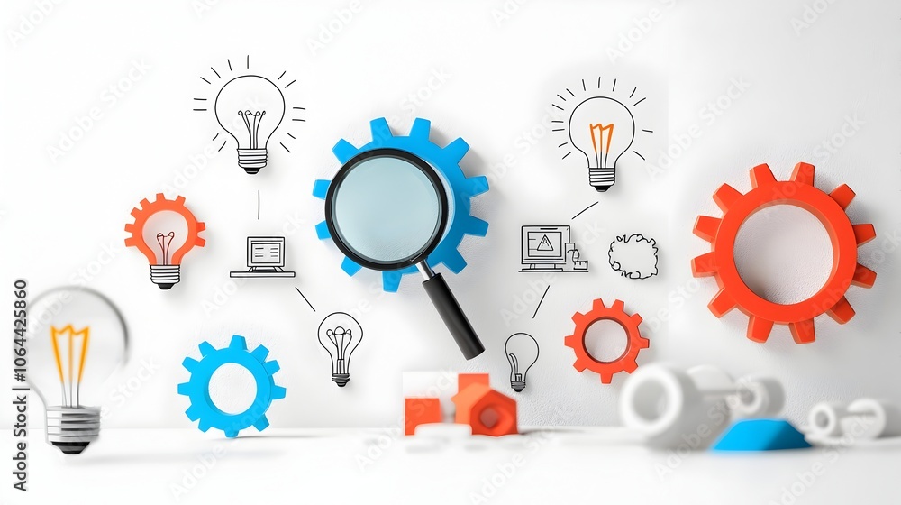 Poster infographic symbols for forward thinking solutions with gears magnifying glass and idea lightbulbs o