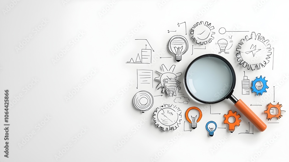 Poster Infographic Symbols for Forward Thinking Solutions Featuring Gears Magnifying Glass and Idea Lightbulbs on White Background  Concept Visualization of Innovation Strategy