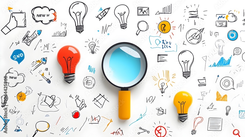 Poster Collection of symbols representing new ideas creative solutions and collaborative problem solving  Featuring lightbulbs magnifying glasses and teamwork icons on a clean white background