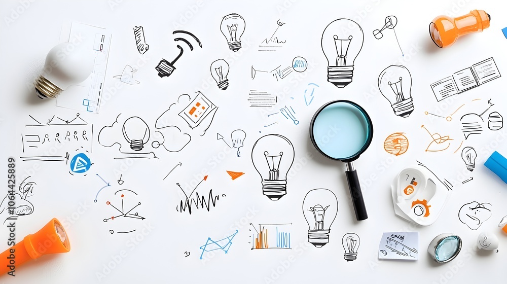 Poster Creative Symbols Representing New Ideas and Innovative Solutions with Lightbulbs Magnifying Glasses and Teamwork Icons on a Clean White Background  Concept of Brainstorming Problem Solving