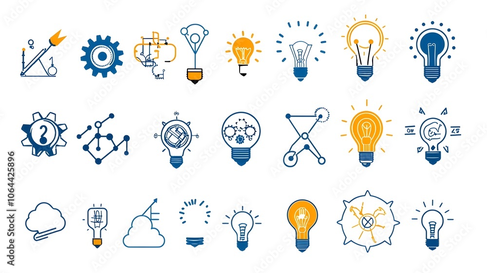 Aufkleber Conceptual depicting creative solution icons with symbols of gears pathways and lightbulb ideas on a clean white background representing innovation problem solving strategy and progress