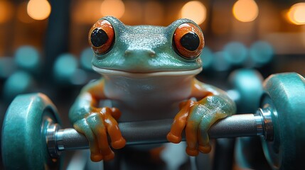 A vibrant frog doing leg presses on a gym machine with neon green weights.