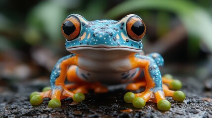 A vibrant frog doing leg presses on a gym machine with neon green weights.