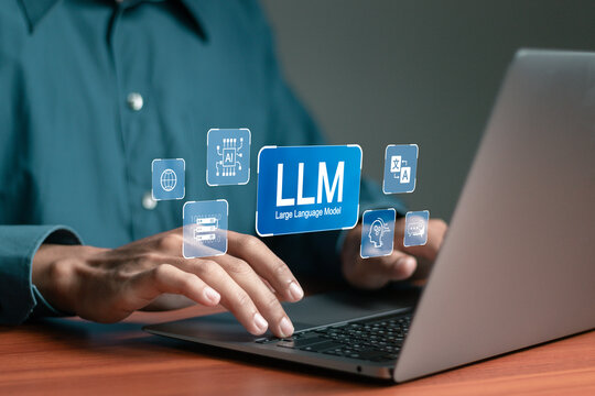LLM, AI large language model concept, Big data, data transfer, generative ai, natural language generative and data mining. Businessman using laptop with LLM icons on virtual screen.