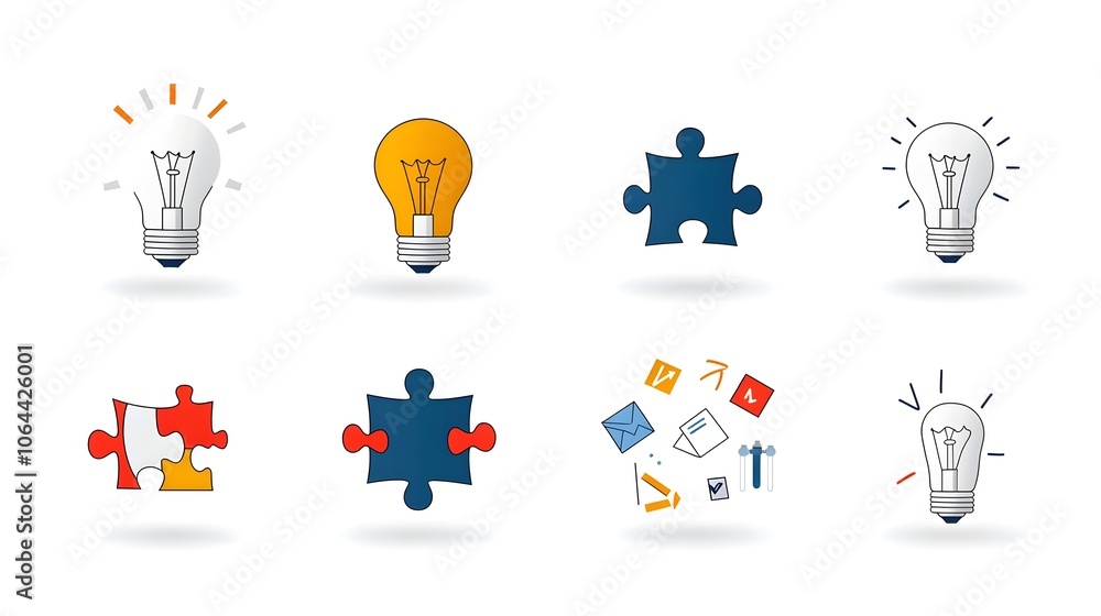 Poster Conceptual showcasing creative solutions problem solving and collaborative ideas with puzzle pieces brainstorming lightbulbs and a white background