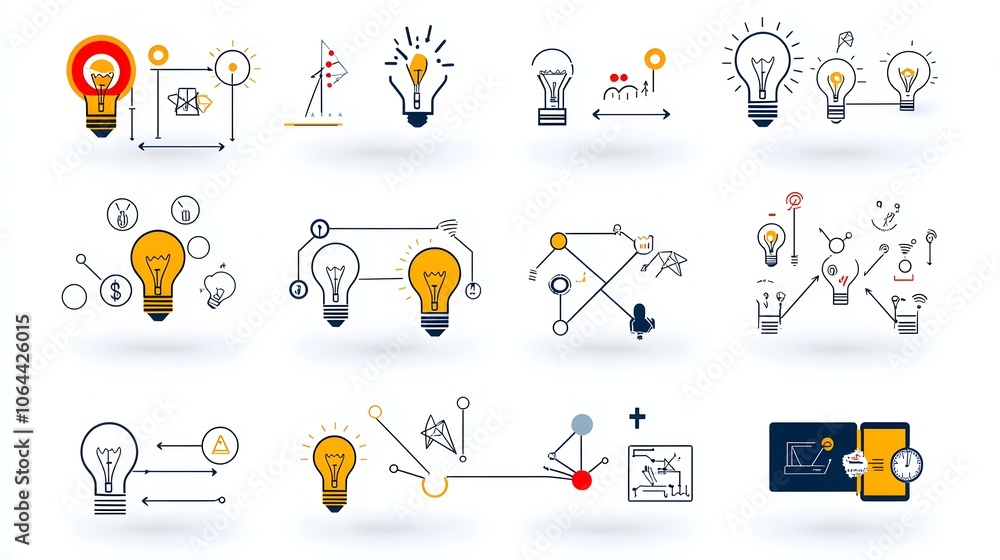 Poster Conceptual Icons for Progressive Ideas with Lightbulb Solutions and Collaborative Teamwork Symbols on a Clean White Background  Graphic Design Representing Innovation Strategy and Growth