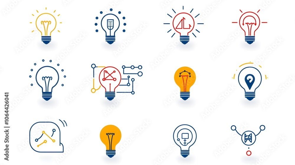 Aufkleber Vibrant Progressive Icons with Lightbulbs Solution Pathways and Collaborative Teamwork Symbols Displayed on a Clean White Background Representing Creativity Innovation and Problem Solving
