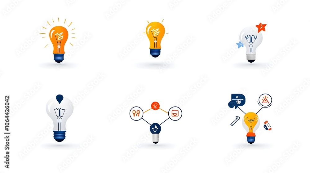 Poster Lightbulb icons representing progressive ideas solution pathways and collaborative teamwork symbols against a clean white background  Conceptual design for business strategy innovation and team