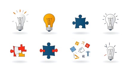 Conceptual showcasing creative solutions problem solving and collaborative ideas with puzzle pieces brainstorming lightbulbs and a white background