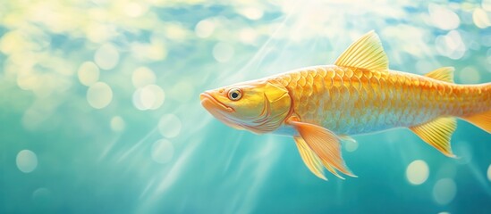 Naklejka premium Golden Arowana fish in a soft blue water background, slight ripple effect, sharp focus on details, subtle light rays