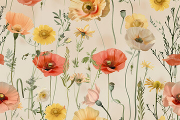 Natural Floral Background with Poppies and Daisies