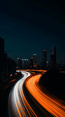Fototapeta premium Nighttime cityscape with light trails on highway and vibrant urban scene, capturing mesmerizing traffic motion and colorful blur in modern city skyline