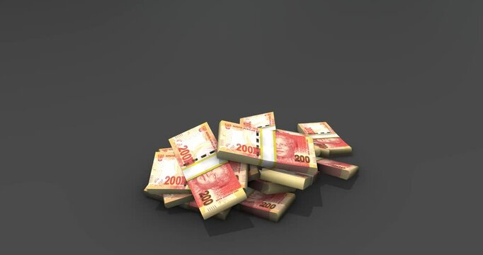 South African Rand bank note Falling  droop on floor black backround, 4k animation footage 3d rendering