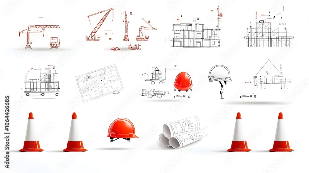 Poster collection of construction icons featuring building plans hard hats and construction cones on a whit