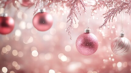 Pink Glitter Christmas Ornaments Hanging from a Sparkling Branch