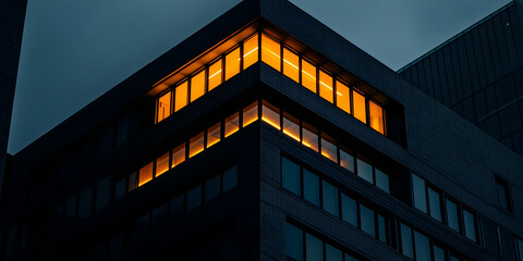 Warm interior lights casting a contrast against the dark exterior and twilight sky, illuminating the corner office windows of a modern building at dusk