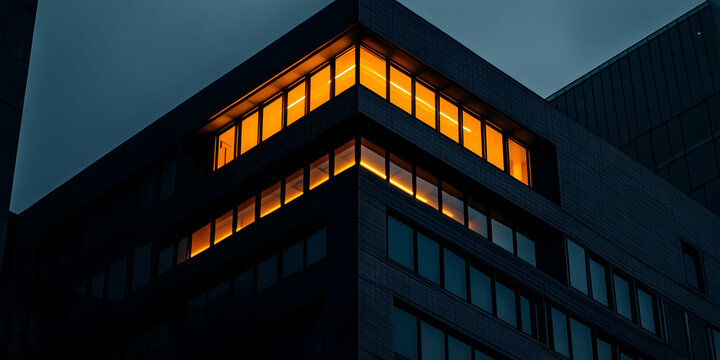 Warm interior lights casting a contrast against the dark exterior and twilight sky, illuminating the corner office windows of a modern building at dusk