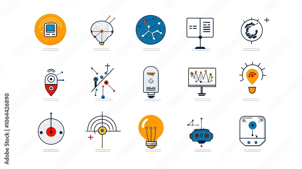 Leinwandbilder Comprehensive Collection of Icons Showcasing Various Machine Learning Algorithms Neural Networks and Robotics Elements in a Modern Minimalistic on a White Background