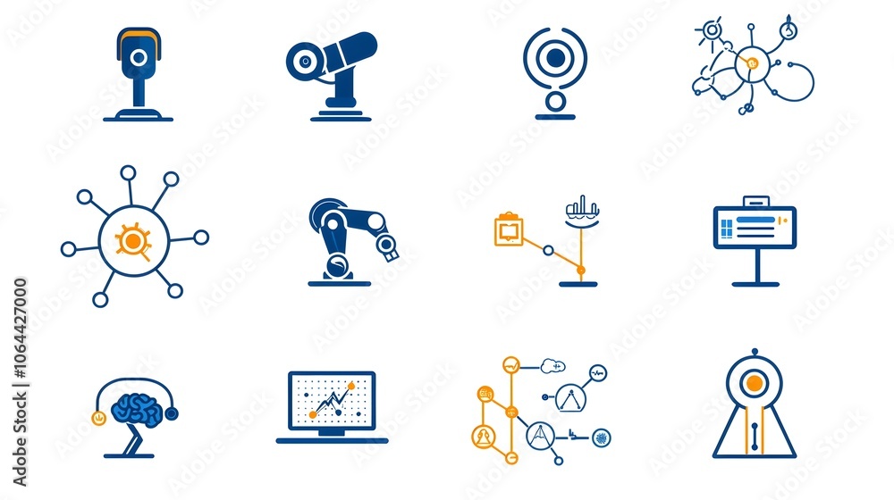 Aufkleber depicting a collection of intelligence icons including robotic arms cloud computing and big data analysis showcasing the advancements and applications of modern technology and innovation
