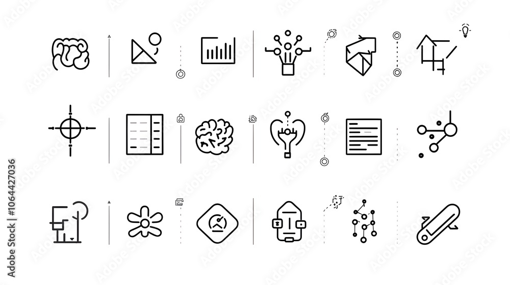 Aufkleber Comprehensive set of icons representing the key elements of development including a digital brain graphic algorithm symbols and data flow vectors on a clean white background