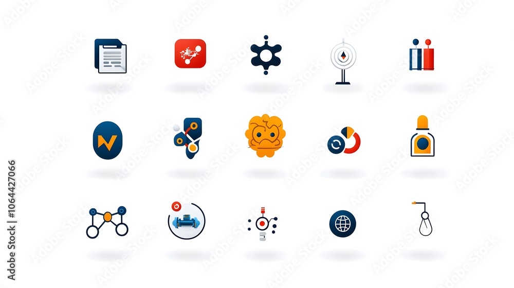 Aufkleber Comprehensive collection of icons representing the key elements of development including a digital brain algorithms and data flow visualization