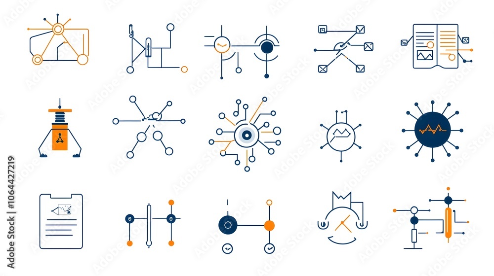 Poster Collection of minimalist AI powered machine learning algorithms neural networks and robotics icons or symbols on a clean white background  Conceptual representing digital technology